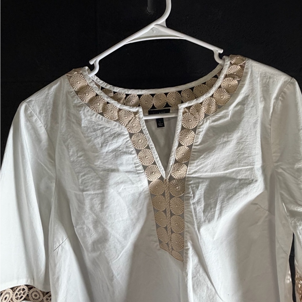 Talbots White Tunic with Tan embroidered cutout Accents - Picture 10 of 15